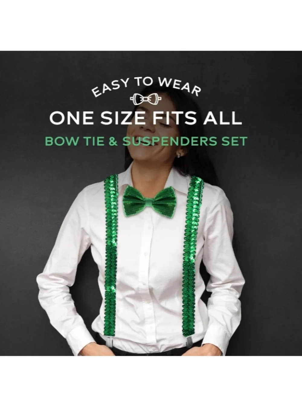 Green Shamrock Socks & Sequin Bow Tie Suspenders Set - Party Accessories NWT